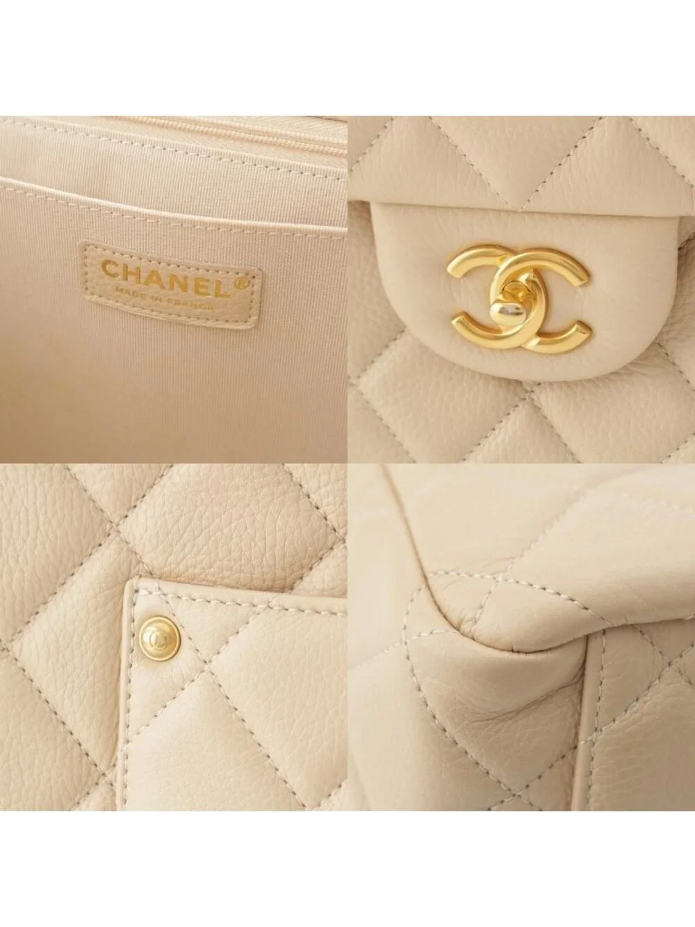 Chanel Jumbo Quilted Grain Calf Caviar Leather Chain Shoulder Bag Beige